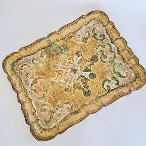 Florentine tray 30 x 23 cm, rectangular wooden tray green-gold, vintage, wood, papier-mâché, classic Italian tray, Florence