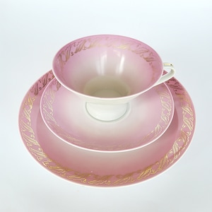 Sammelgedeck 50er Jahre, Vintage Kaffeegedeck, Sammeltasse, 3 teilig, Teetasse, rosa-gold, Goldrand, VEB Gehren DDR GDR, 50er Jahre