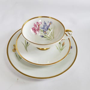 Collector's set from the 1950s, with floral iris decor, 3-piece vintage coffee set, collector's cup, tea cup with gold rim, PMR Bavaria Jaeger & Co
