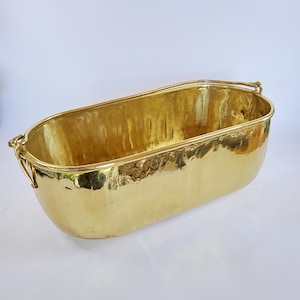 May include: A hammered brass planter, rectangular with curved sides. It has a bright gold finish and small handles at each end. A single handle arches over the top. The planter is approximately 30 cm long.