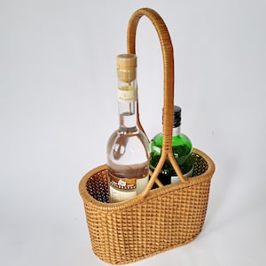 Kosz na butelkę w stylu vintage, uchwyt na butelkę, kosz na wino do przenoszenia, kosz na napoje, nosidełko na wino, kosz sommeliera, uchwyt na butelkę, bar domowy z lat 50. 60.