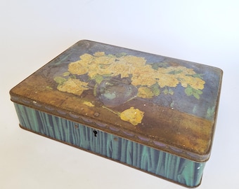 Alte Blechdose von Côte d'Or, abschließbare Schokoladendose mit Schloss, Uralte Blechbox mit Blumendekor, Vintage Keksdose