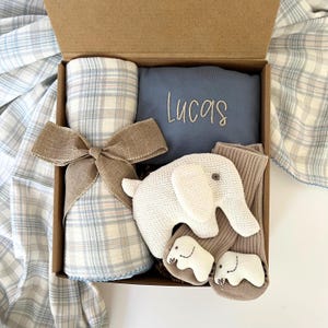 Baby Boy Gift Box, Romper, Plaid Swaddle, Elephant Rattle and Socks