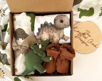 Personalized Baby Boy Dinosaur Gift Box, Swaddle, Rattle, Bodysuit & Booties