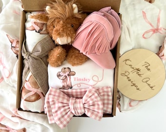 Baby girl cowgirl gift box, Personalized baby romper, swaddle, cow lovey, Baby boots