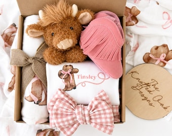 Baby girl cowgirl gift box, Personalized baby romper, swaddle, cow lovey, Baby boots