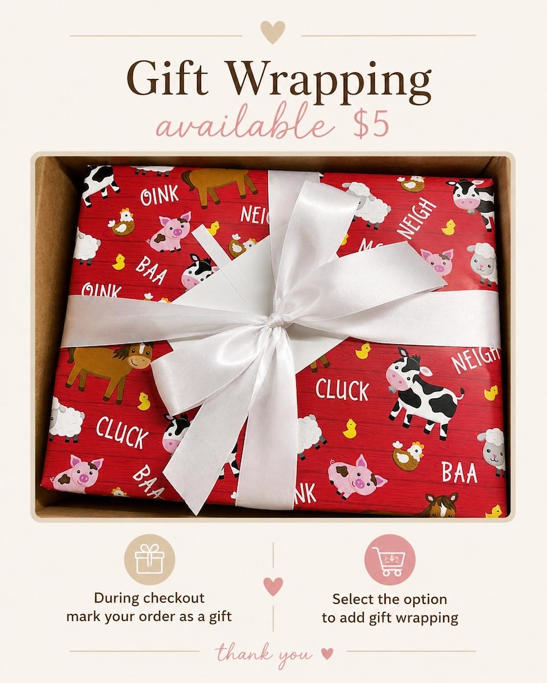 May include: A rectangular box wrapped in red paper featuring a pattern of farm animals including cows, pigs, sheep, horses, and chickens, with the text OINK, NEIGH, BAA, and CLUCK. A white satin ribbon is tied in a bow across the center of the box.