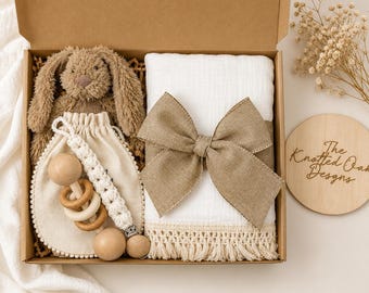 Neutral Baby Shower Gift Box, Crochet Blanket, Wood Rattle, Bunny Lovie