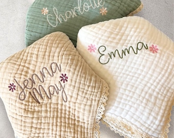 Embroidered Muslin Baby Blanket: Personalized name and flowers Organic Cotton Swaddle with Lace