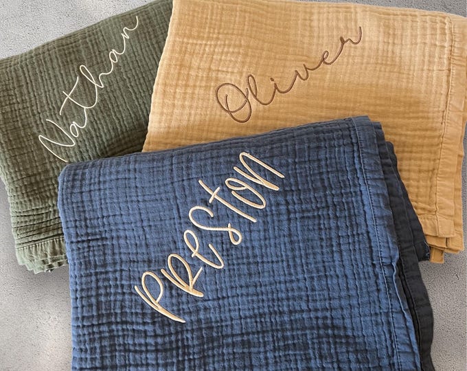 Embroidered baby name blanket, Muslin baby blanket, baby boy blanket