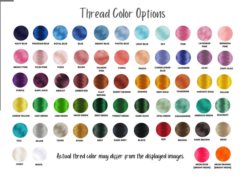 May include: A color chart displaying thread color options, including shades of blue, pink, green, and brown. The text "Thread Color Options" is at the top. The text "Actual thread color may differ from the displayed images" is at the bottom.