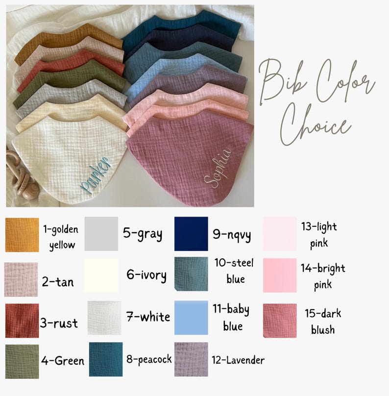 May include: A collection of baby bibs in various colors, including golden yellow, navy, and light pink. Some bibs are embroidered with names. The image also displays a color chart with color names and numbers.