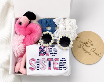 Big Sister Gift Set, Big sister shirt, Flamingo Plush, Sunglasses, Hair Clips
