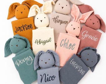 Muslin cotton rabbit lovey, cuddle cloth, embroidered name, Baby gift, security blanket
