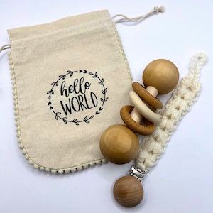 Baby gift set, Neutral gift box, Baby gift set, Baby Shower gift, Pacifier clip. handmade crochet pacifier clip, wood baby rattle