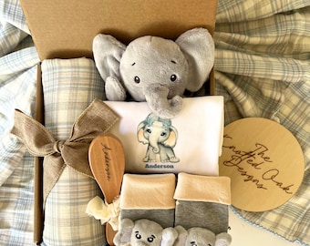 Baby boy gift, Personalized baby boy shower gift, new baby boy gift, Elephant personalized romper and bib gift box