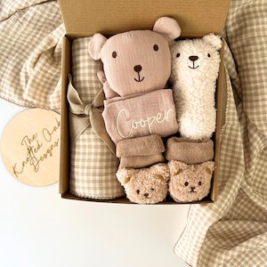 Embroidered Baby Boy Gift Box, Bear, plaid swaddle Rattle & Socks