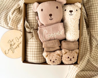 Embroidered Baby Boy Gift Box, Bear, plaid swaddle Rattle & Socks