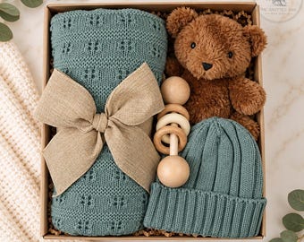 Baby Boy Gift Box, Newborn baby, Organic Cotton Knit Blanket, Bear Lovey, Baby Shower Gift
