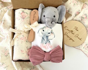 Baby girl gift box, Personalized baby romper and bib, cotton muslin swaddle, elephant lovey, Baby name brush