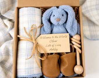 Baby Boy Gift Box Set, Cotton Swaddle, Plush Rabbit, Leather Shoes, Beechwood Rattle