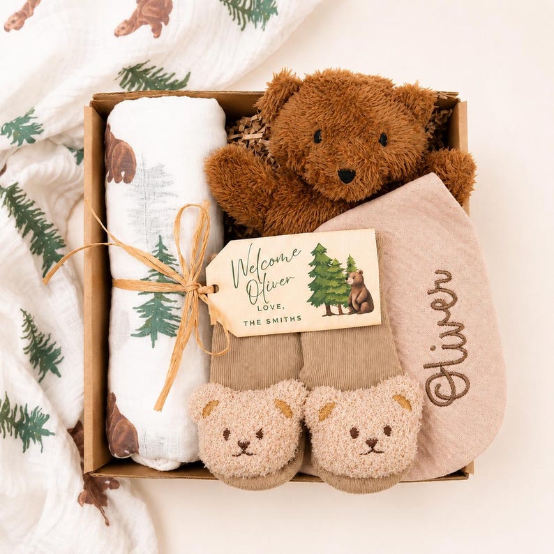Baby boy gift, baby boy shower gift, new baby boy gift, baby boy bear gift box image 1