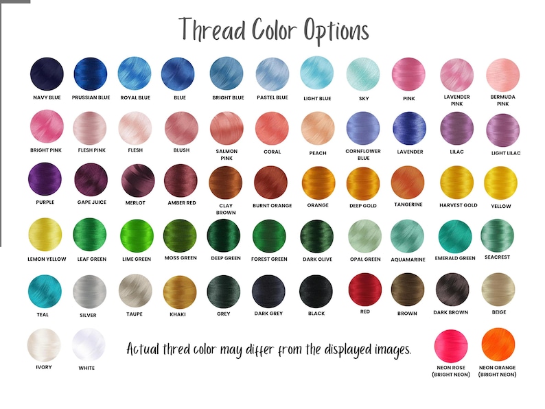 Puede incluir: Una carta de colores que muestra opciones de color de hilo, incluyendo tonos de azul, rosa, verde y marr&oacute;n. El texto "Thread Color Options" est&aacute; en la parte superior. El texto "Actual thread color may differ from the displayed images" est&aacute; en la parte inferior.