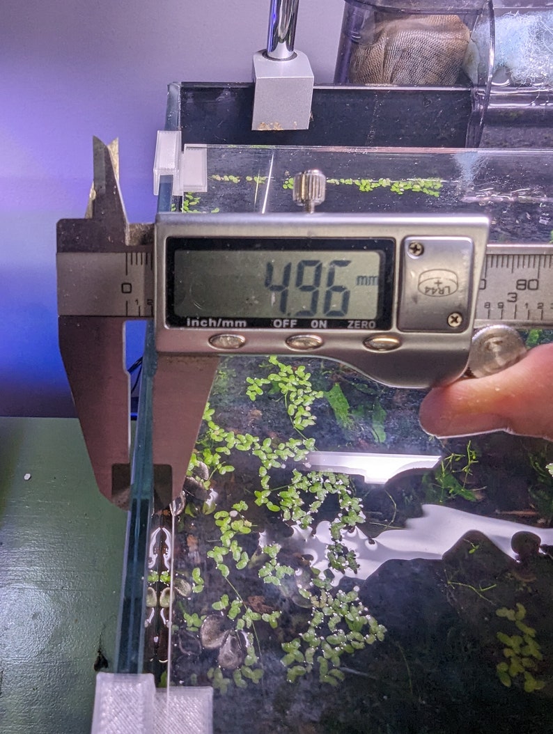 May include: A digital caliper measuring 12.6 cm. The caliper is measuring the width of a glass tank with green plants inside.