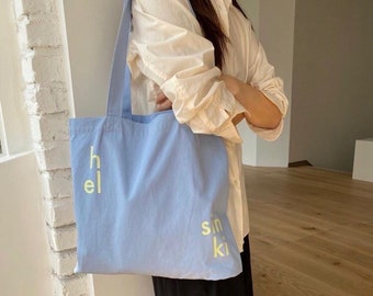 Himmelblaue Canvas-Einkaufstasche mit Reißverschlusstasche | Baumwoll-Canvas-Tragetasche | Minimalistische Umhängetasche