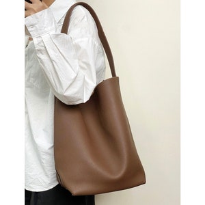 Genuine Leather Bucket Bag | Large Bucket Shoulder Bag | Large Capacity Laptop Leather Tote