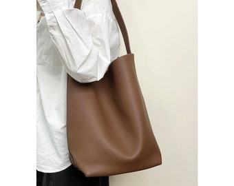 Genuine Leather Bucket Bag | Large Bucket Shoulder Bag | Large Capacity Laptop Leather Tote