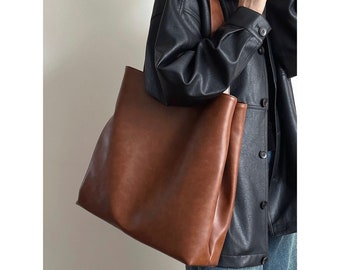 Smooth Genuine Leather Shoulder Bag | Large Capacity Work Bag | Work Tote Bag with Suede Removable Pouch | Square Tote