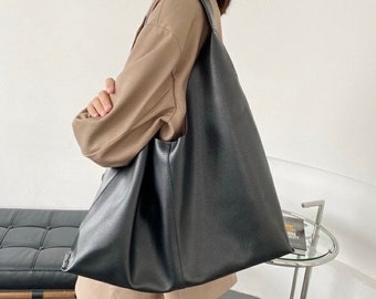 Vegan Leather Hobo Shoulder Bag | Soft Vegan Leather Tote | Minimalist Hobo Bag | Large Capacity Bag