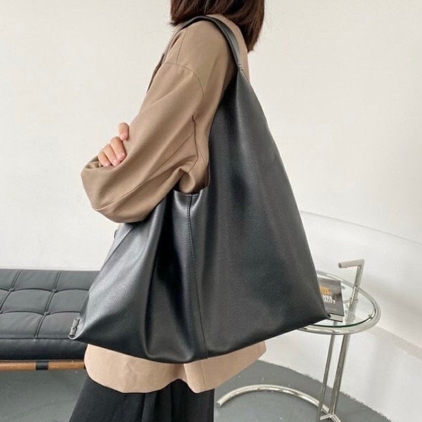 Vegan Leather Hobo Shoulder Bag | Soft Vegan Leather Tote | Minimalist Hobo Bag | Large Capacity Bag