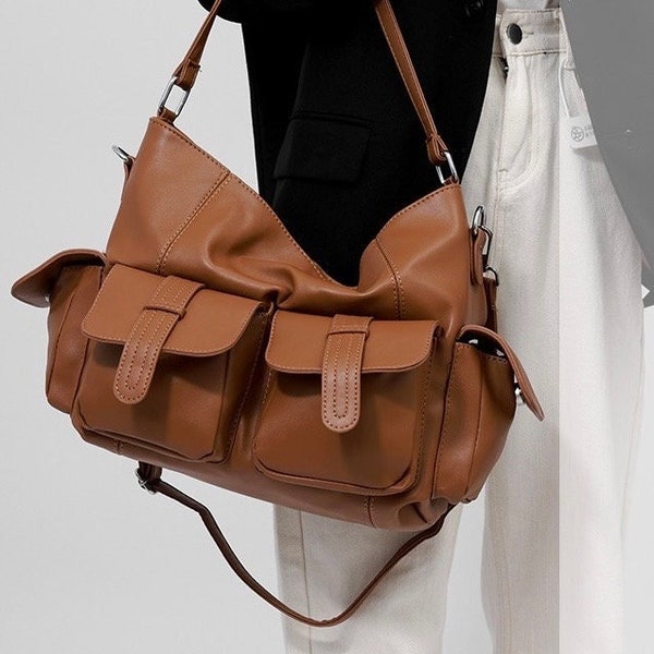 Bandoulière tendance en cuir végétalien | Fourre-tout en cuir végétalien lisse pour ordinateur portable | Sac à bandoulière grande capacité avec plusieurs poches