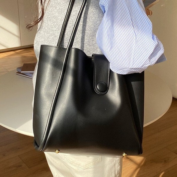 Large Leather Tote Bag with Removable Pouch | Vegan Leather Shoulder Bag with Zippered Pouch | Snap Button