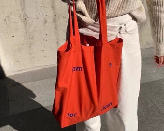 Red Orange Canvas Tote Bag with Zipper Pocket | Cotton Canvas Tote | Minimalist Shoulder Bag