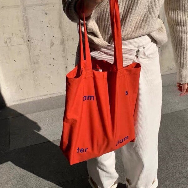 Red Orange Canvas Tote Bag with Zipper Pocket | Cotton Canvas Tote | Minimalist Shoulder Bag