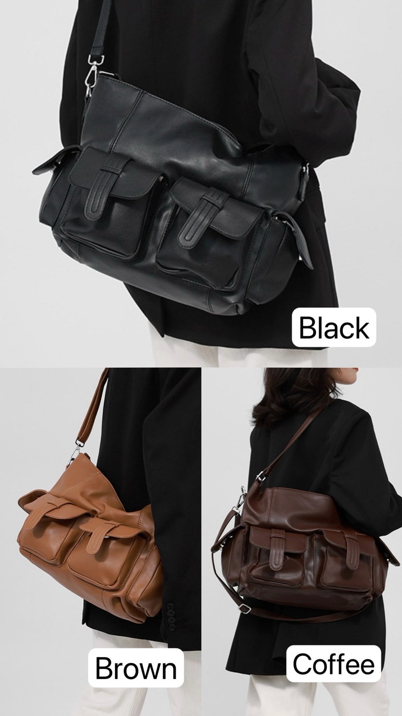 Bandoulière tendance en cuir végétalien Fourre-tout en cuir végétalien lisse pour ordinateur portable Sac à bandoulière grande capacité avec plusieurs poches image 3