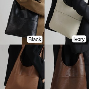 Vegan Flat Grain Leather Hobo Shoulder Bag Large Capacity Hobo Work Bag Leather Tote Bag with Pockets image 2