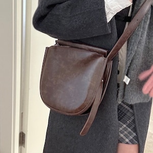 Vegan Leather Half Moon Crossbody Bag | Curved Bottom Crescent Shoulder Bag | Saddle Purse with Zipper