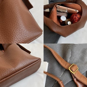 Vegan Flat Grain Leather Hobo Shoulder Bag Large Capacity Hobo Work Bag Leather Tote Bag with Pockets image 4