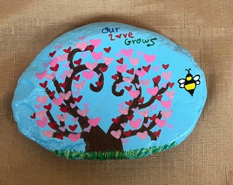 Our Love Grows Heart Tree Painted Rock