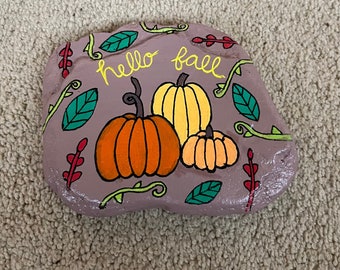 Hello Fall Season Pumpkin Painted Rock