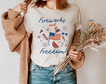 Fireworks and Freedom T-Shirt, Patriotic 4th of July Shirt, America Graphic Tee, Independence Day Outfit, Red White Blue Top