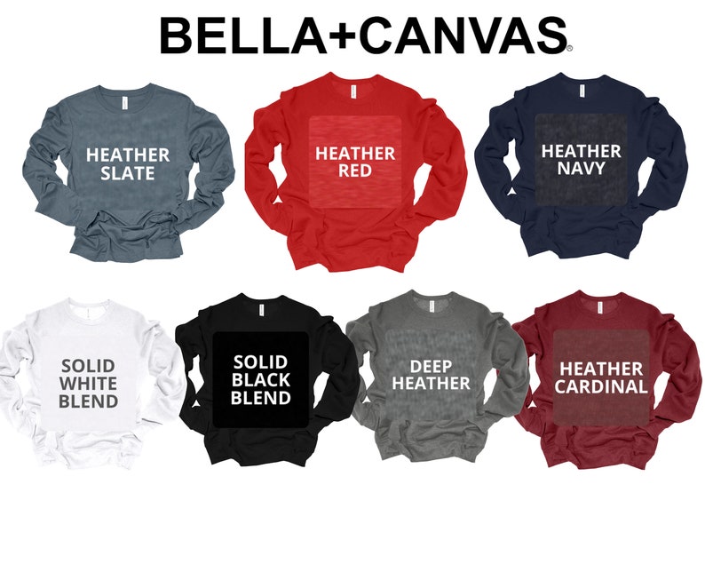 May include: A set of eight long-sleeved shirts in various colours and styles, including heather slate, heather red, heather navy, solid white blend, solid black blend, deep heather, and heather cardinal. The shirts are all Bella + Canvas brand.