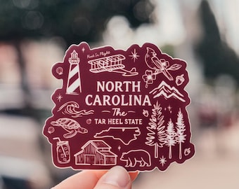 Illustrated North Carolina Sticker, NC State Vinyl Decal, Hand-Drawn NC Sticker, Aesthetic Travel Sticker, North Carolina Gift