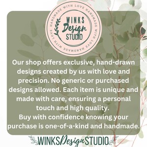 May include: A pink circle with the text "WINKS Design STUDIO" in white. The circle is surrounded by the text "HANDMADE WITH LOVE HANDMADE WITH LOVE" in white. The text is on a green background with a leafy branch in the background.