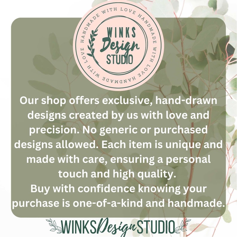 May include: A pink circle with the text "WINKS Design STUDIO" in white. The circle is surrounded by the text "HANDMADE WITH LOVE HANDMADE WITH LOVE" in white. The text is on a green background with a leafy branch in the background.