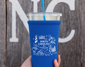 North Carolina Cup Sleeve, 24oz Iced Coffee Sleeve, Neoprene Cold Cup Holder, Reusable Drink Sleeve, NC State Pride Gift, Barista Gift